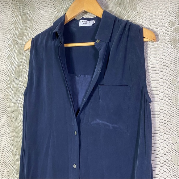 Frame blue silk navy sleeveless shirt dress button down - Picture 3 of 11